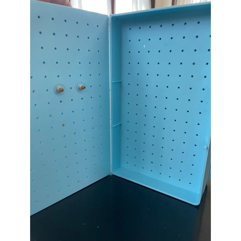 Vintage The Earring Book Jewelry Organizer Blue Plastic Storage Case Retro